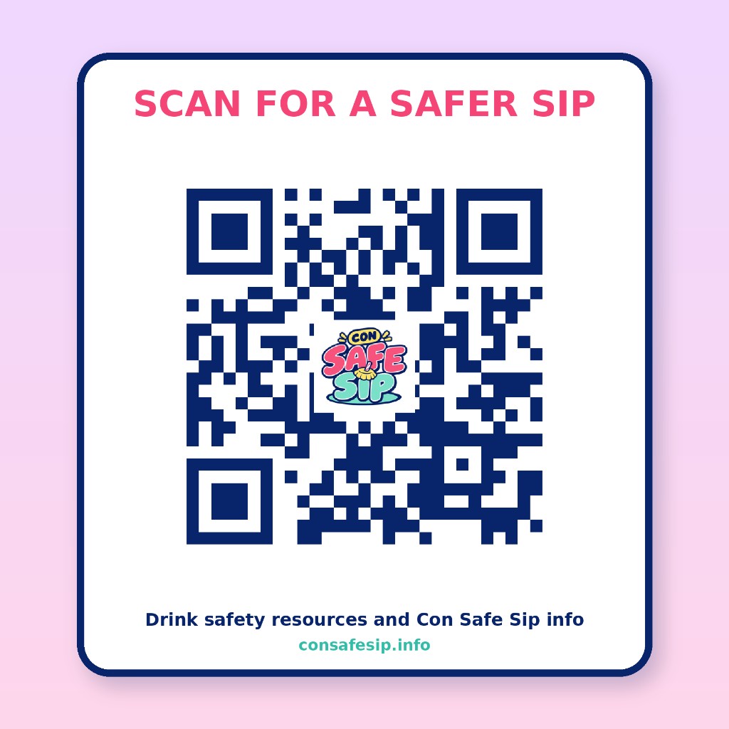 Scan for a safer sip — QR code to consafesip.info for drink safety resources and Con Safe Sip info